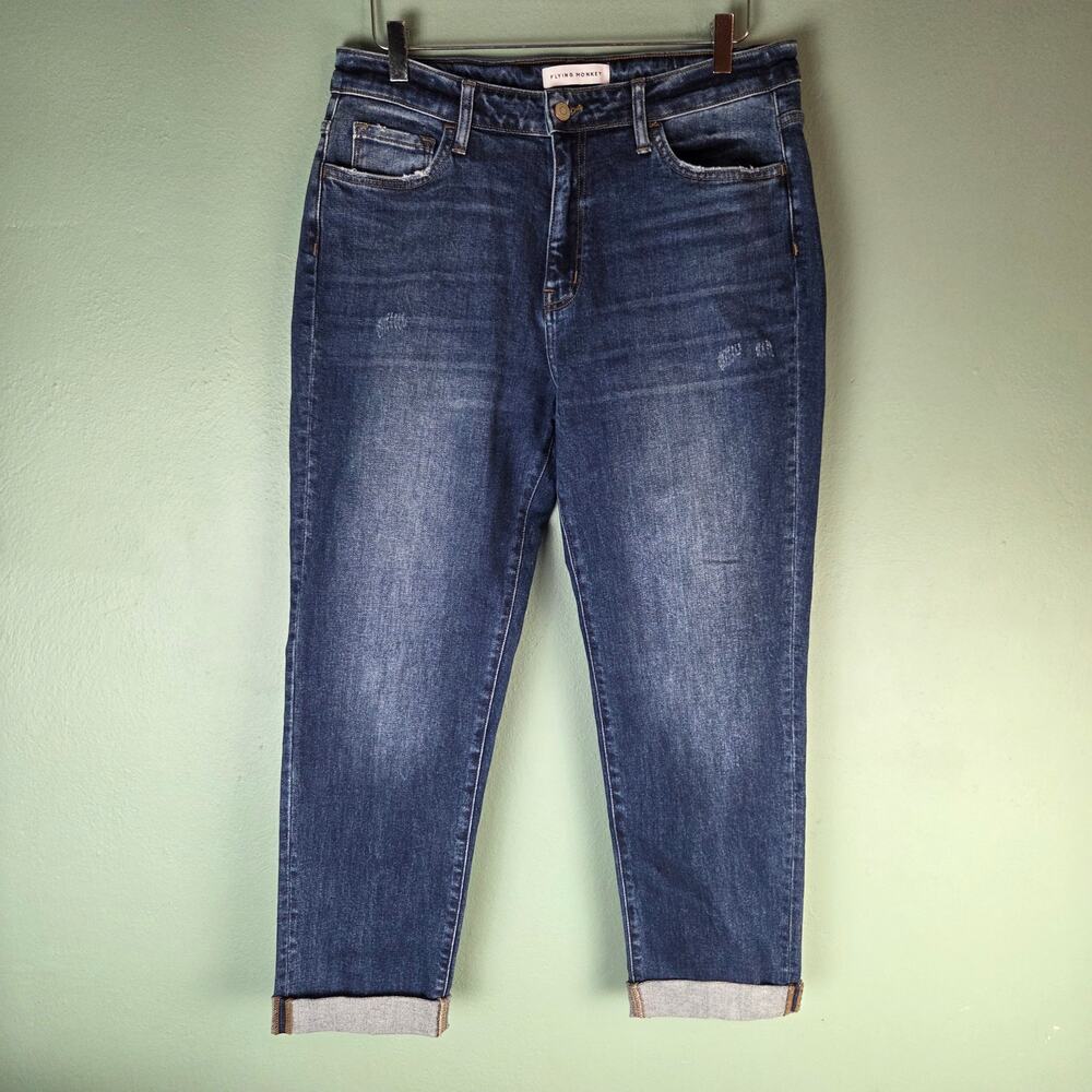 Flying Monkey Womens 30 Poison Rolled Up High Rise Boyfriend Jeans Medium Blue